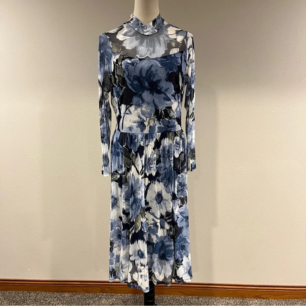 Enfocus Studio Blue Floral Mock-Neck Long Sleeve Midi Dress size 10‎
